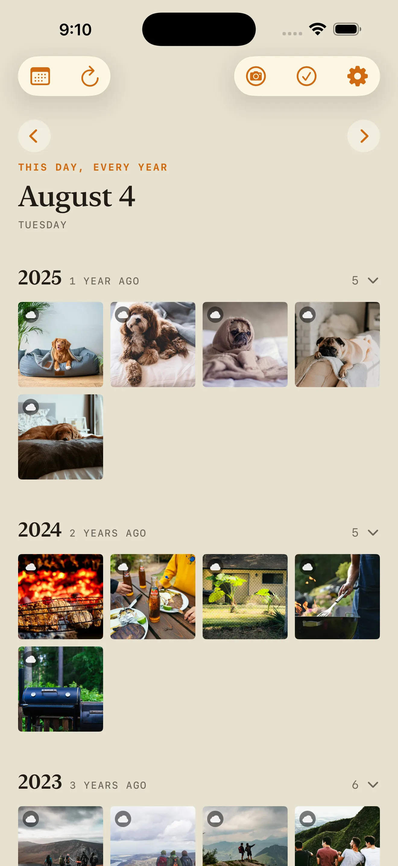 Perennial's Today view, showing this day's photos grouped by year